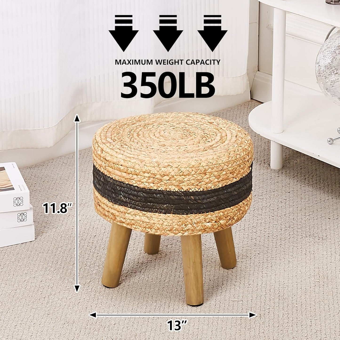 Cpintltr Round Ottoman Natural Seagrass Footstool Hand Weave Water Hyacinth Poufs Eco Friendly Sofa Foot Stool Soft Step Stool Padded Foot Rest with Pine Legs for Living Room (Black)