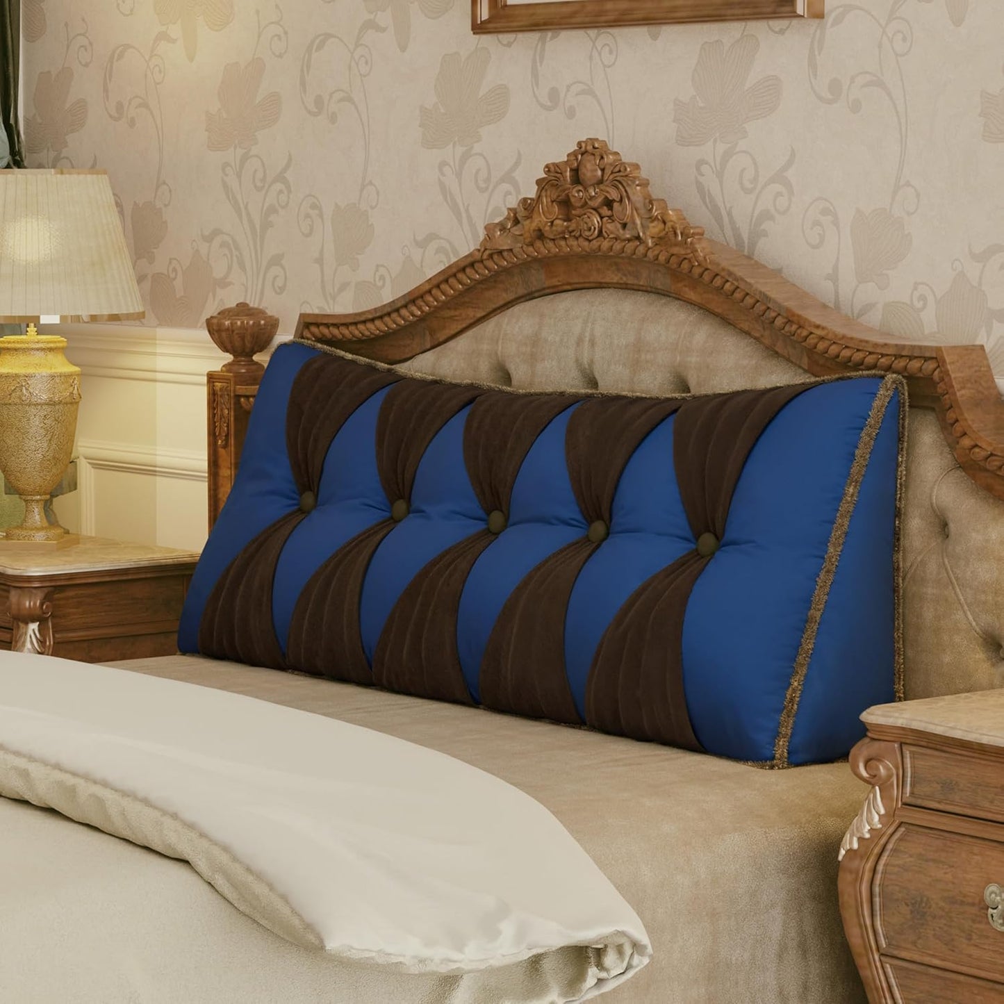 Triangular Reading Pillow Wedge Headboard for Sitting in Queen Bed Backrest Support, Daybed Wall Cushion Positioning Pillow Velvet Cover Blue