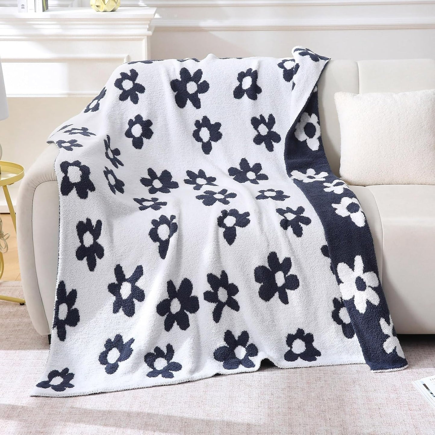 Floral Reversible Throw Blanket - Chenille Daisy Sunflower Knit Blanket for Couch Bed, All Season Soft Microfiber Decorative Throws for Home Decor, 50x60 inches, Dark Blue/Off White.