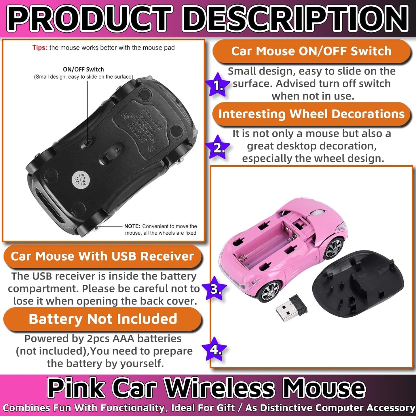 Pink Wireless Car Mouse - 2.4G Wireless with USB Receiver, Optical Mouse for PC, Laptop, Tablet - Win XP/Vista/7/ME/2000/Mac OS Pink Mouse for Her for Christmas