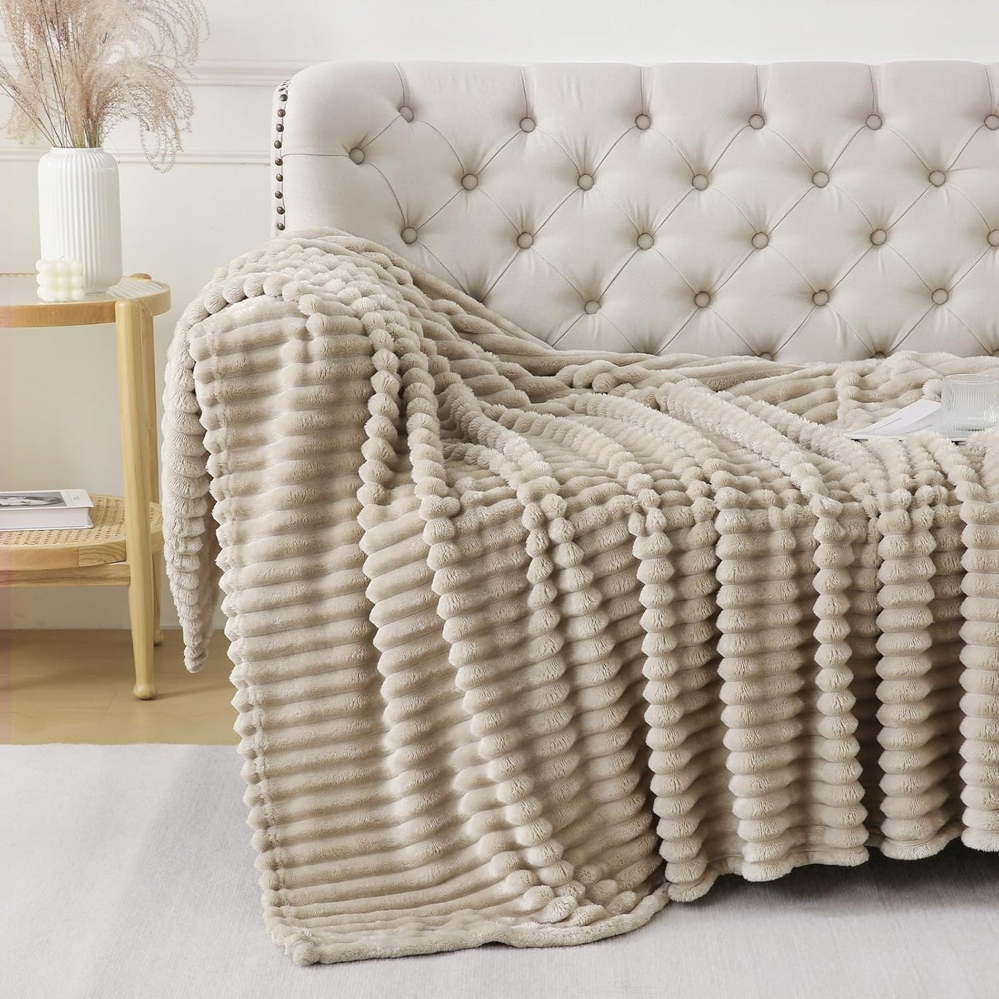 Khaki Throw Blanket for Couch Sofa 60x80 inches Striped Fleece Blankets Room Home Decor Lightweight Plush Soft Cozy Gifts for Women Mom Girls