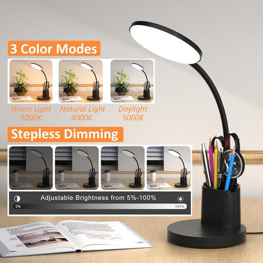 Desk Lamp, LED Desk Lamp for Home Office, Touch Table Lamp with 3 Color Modes 360° Adjustable Arm, Dimmable Desk Light with Pen Phone Holder, Black