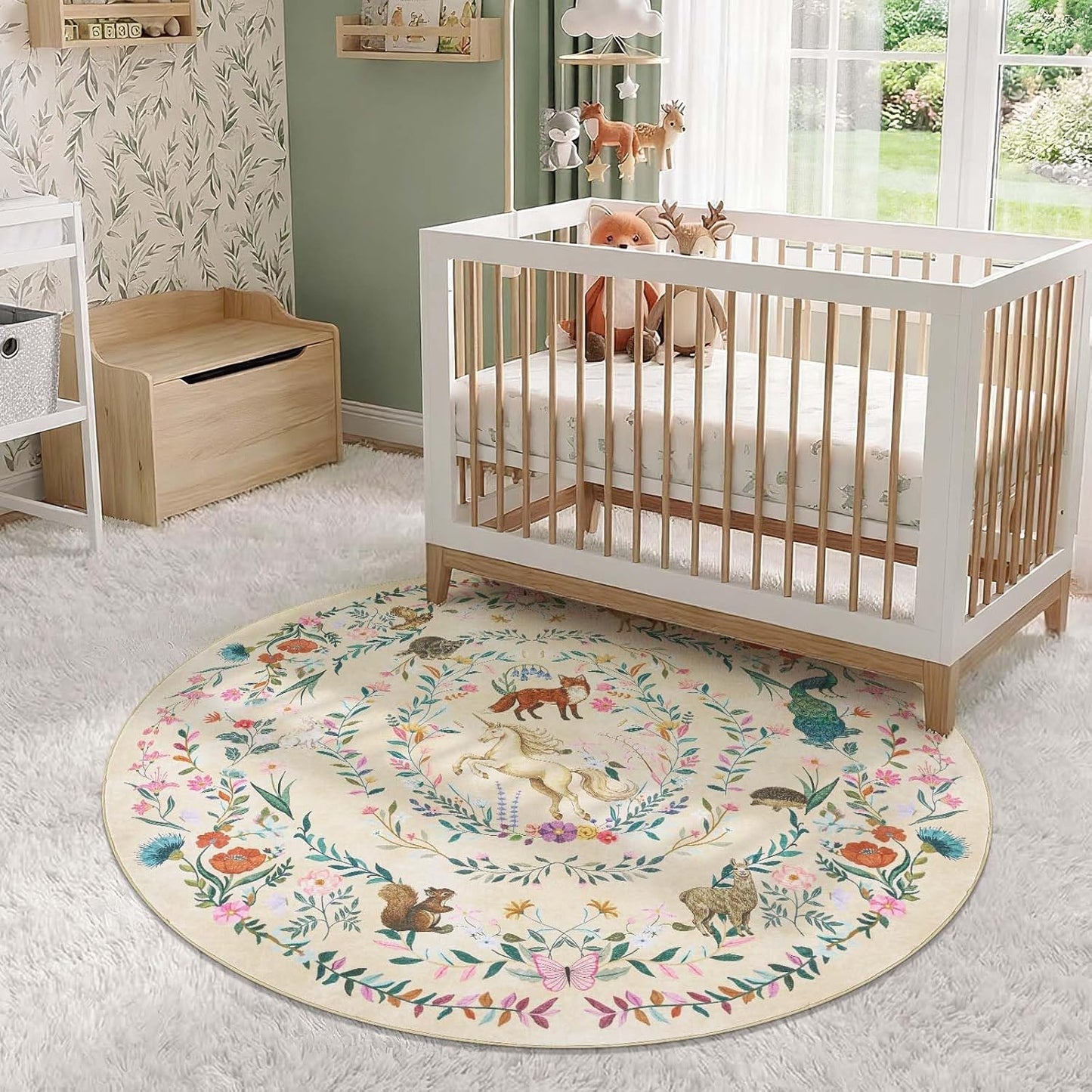 jinchan Round Rug 5ft Kids Room Area Rug Washable Indoor Unicorn Rug Soft Non-Slip Low Pile Fairytale Woodland Animals Floral Carpet for Classroom Nursery Playroom Bedroom Living Room Daylight Cream