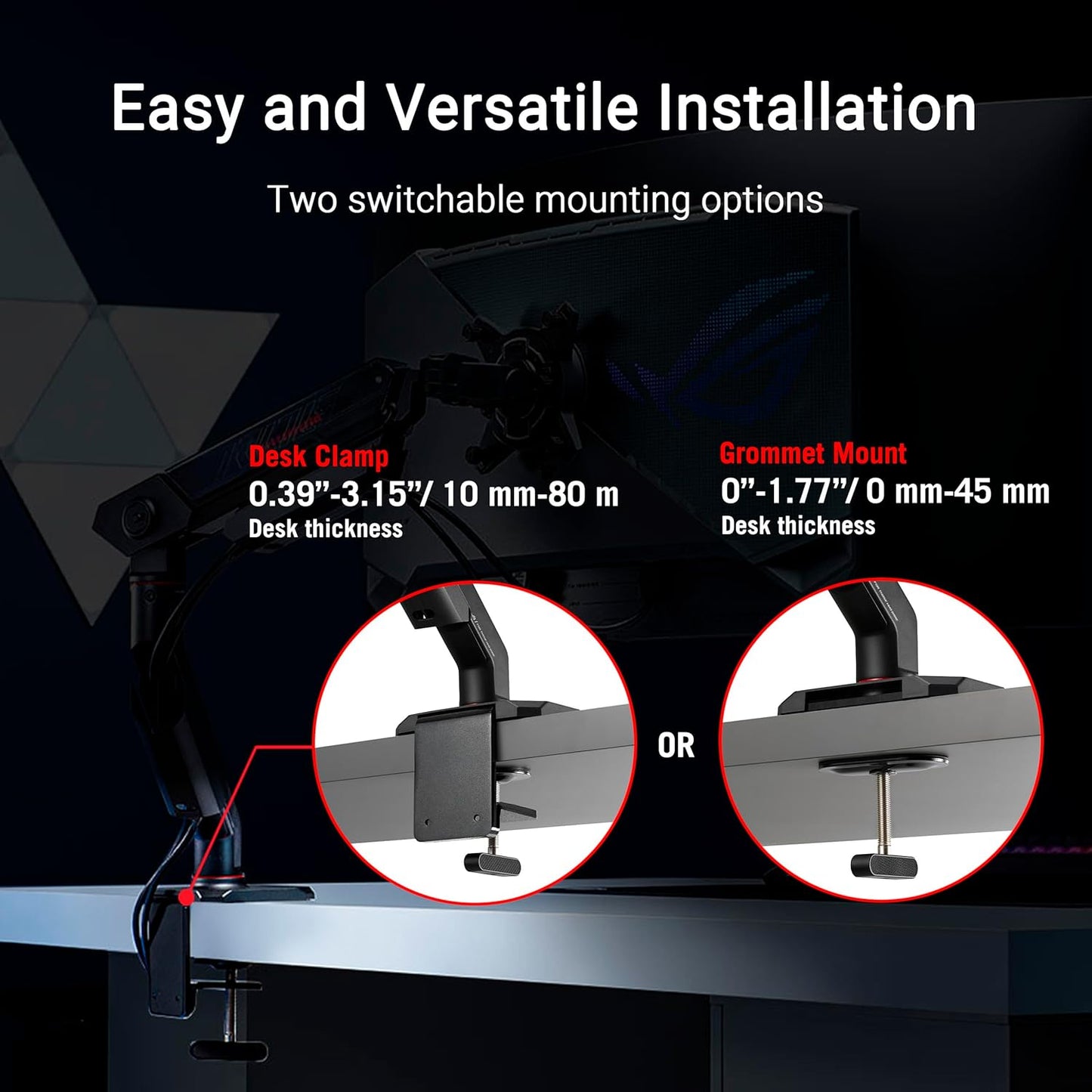 ROG Ergo Monitor Arm (AAS01R) – Mechanical Spring Monitor Mount with Desk Clamp and Grommet Mount, Holds Up to 49-inch* Within 13.5kg, Pivot/Swivel/Tilt/Rotation/Height Adjustable, VESA 100 x 100 mm