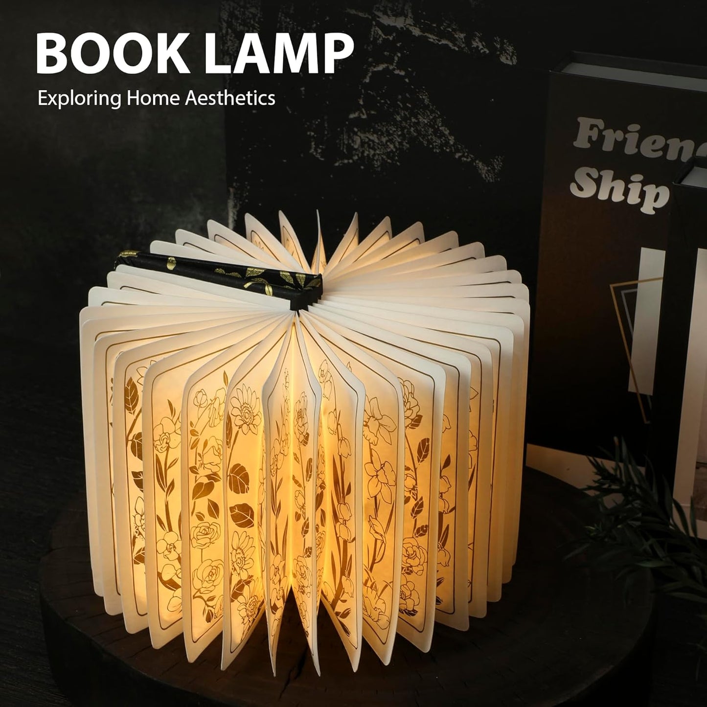 Floral Print Book Light,3-Color Book Lamp Book Lovers Gifts | 1200mAh Portable Foldable Paper Desk Lamp | Night Reading Bookshelf Lamp,Valentine Ambient Lighting Decorations Gifts(Black Gold)