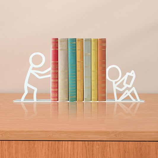 Metal Unique Office Desk Bookends Bookends Decorative Cute Book Ends Reading Decor Bookshelf Decor for Office School Library Bedroom, Book Lovers Gift（White）