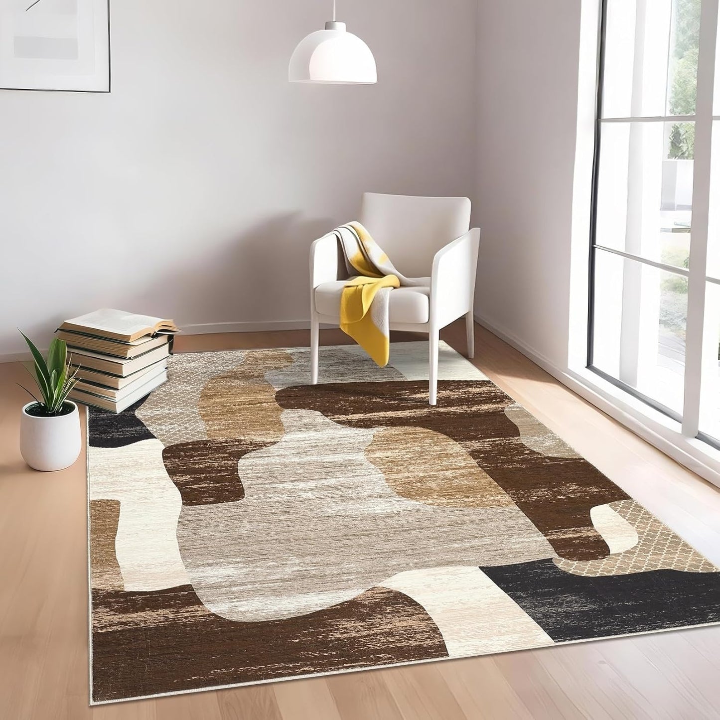 Modern Abstract Rug for Living Room 9x12 Large Low Pile Washable Rugs with Non-Slip Backing, Stain-Resistant Contemporary Indoor Carpet, Neutral Rugs Print Floor Mats for Bedroom Nursery, Brown