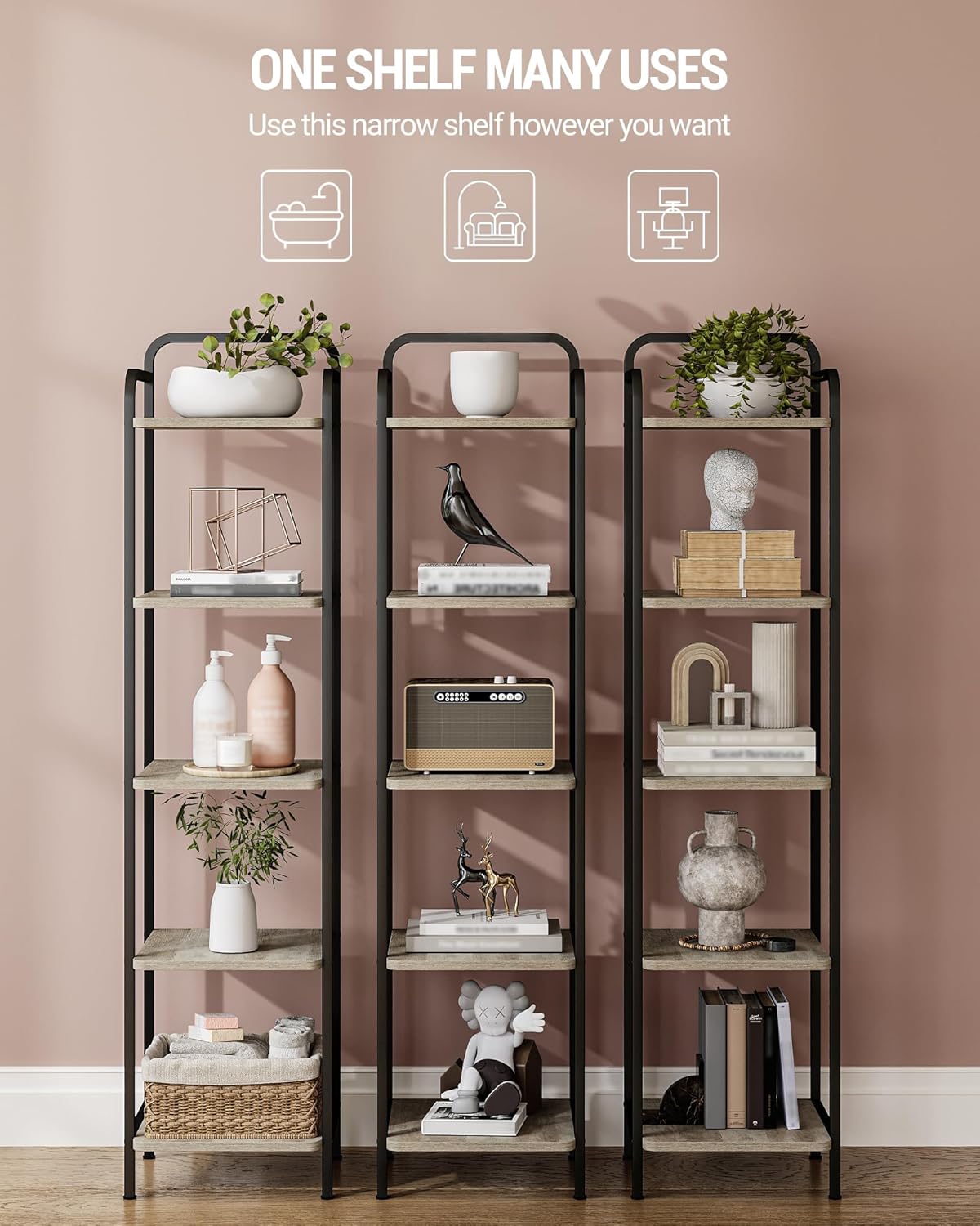 Bookcase Bookshelf, Narrow Book Shelf, Industrial Corner Shelf Storage Organizer, Slim Shelving Unit for Home Office, Living Room, Bedroom, Kitchen, 5-Tier Greige and Black BC24505B