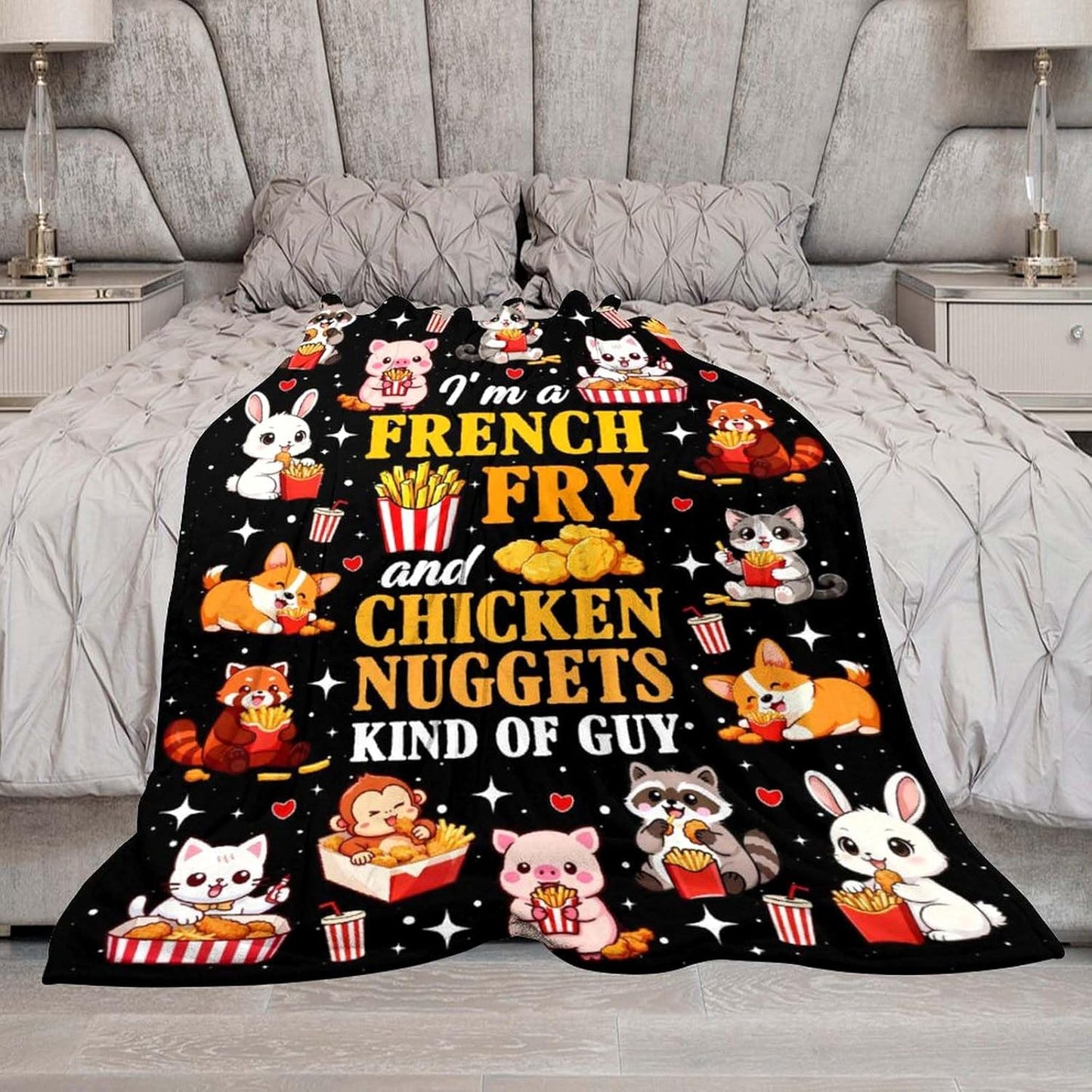 Chicken Nuggets Gifts Blanket Funny French Fries Food Blanket Animal Throw Blankets for Boys Girls Home Decor for Bed Couch Living Room 50"X40"
