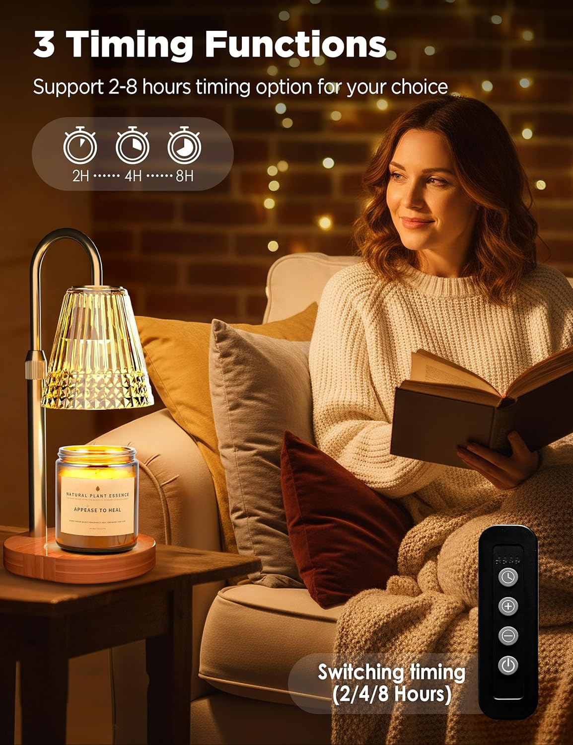 TATAANTY Candle Warmer Lamp with Timer Dimmable, Height-Adjustable Candle Warmer with 2 Bulbs, Melt Wax Warmer Lamp, House Warming Gifts New Home,Gifts for Women, Golden Glass Shade, Wood Base