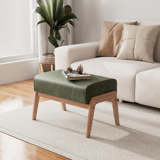 Modern Ottoman Foot Stool, Faux Leather Accent Sofa Footrest with Walnut Rubber Wood Frame, Ottoman Bench for Living Room Entryway Bedroom Sofa Seat, Hunter Green
