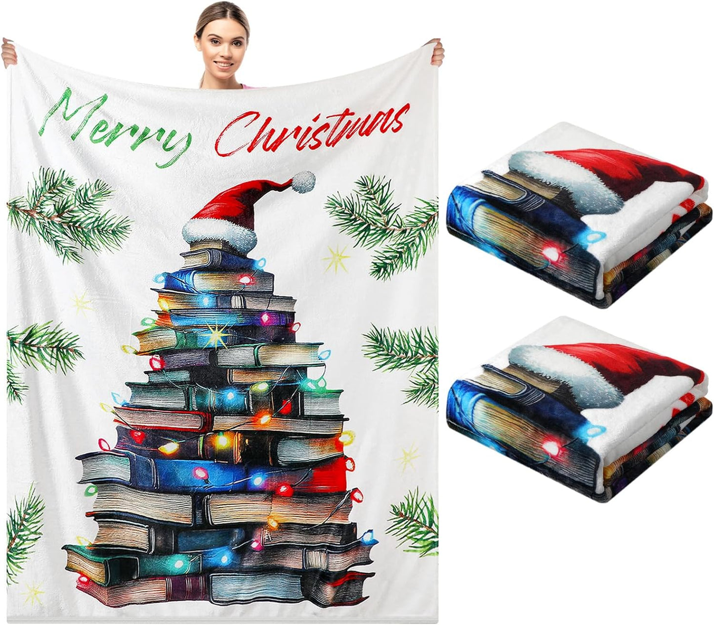 Lounsweer 2 Pcs Christmas Book Lovers Gifts 60" x 50" Reading Throw Blanket for Women Book Tree Flannel Blanket Xmas Winter Party Presents for Men Readers Bookworm Librarian Birthday Graduation