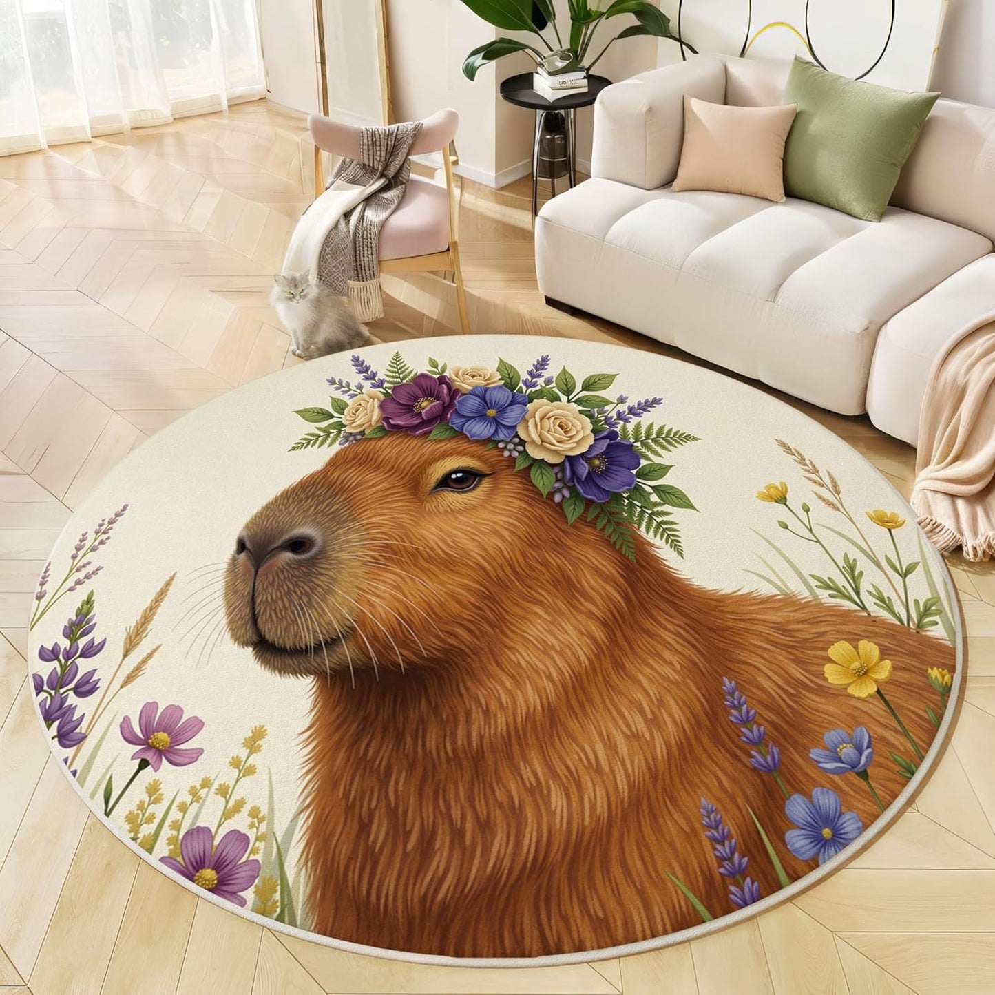 Round Rug for Kids Room, Country Style Floral Capybara Round Rugs 6Ft, Natural Animals Circle Rug, Beige Brown Washable Circle Carpet for Living Room Bedroom, Non Slip Low Pile Thin Area Rugs