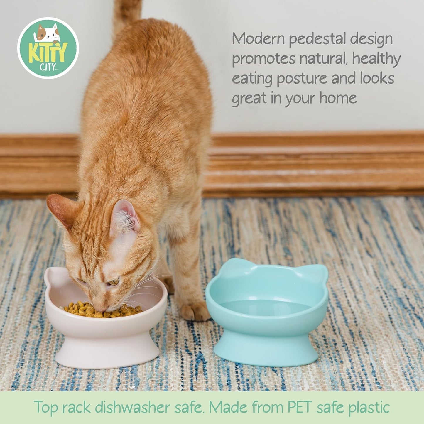 Kitty City Elevated Cat Bowls (Set of 2), Whisker-Friendly Raised Cat Food & Water Dishes, Modern Pedestal Design, Dishwasher Safe, 6.5 oz Each – Pink & Teal