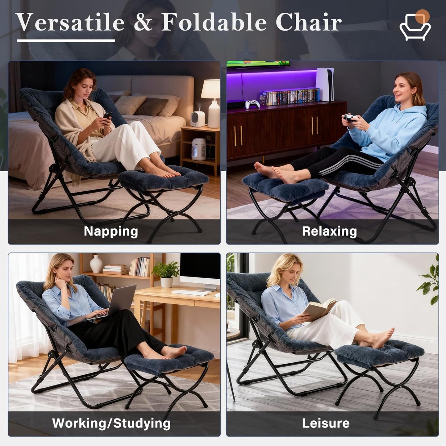 Saucer Chair with Ottoman, Comfy Doorm Chairs, Oversized Folding Faux Fur Chair, Foldable Metal Frame Chair for Bedroom, Living Room(Navy Blue)