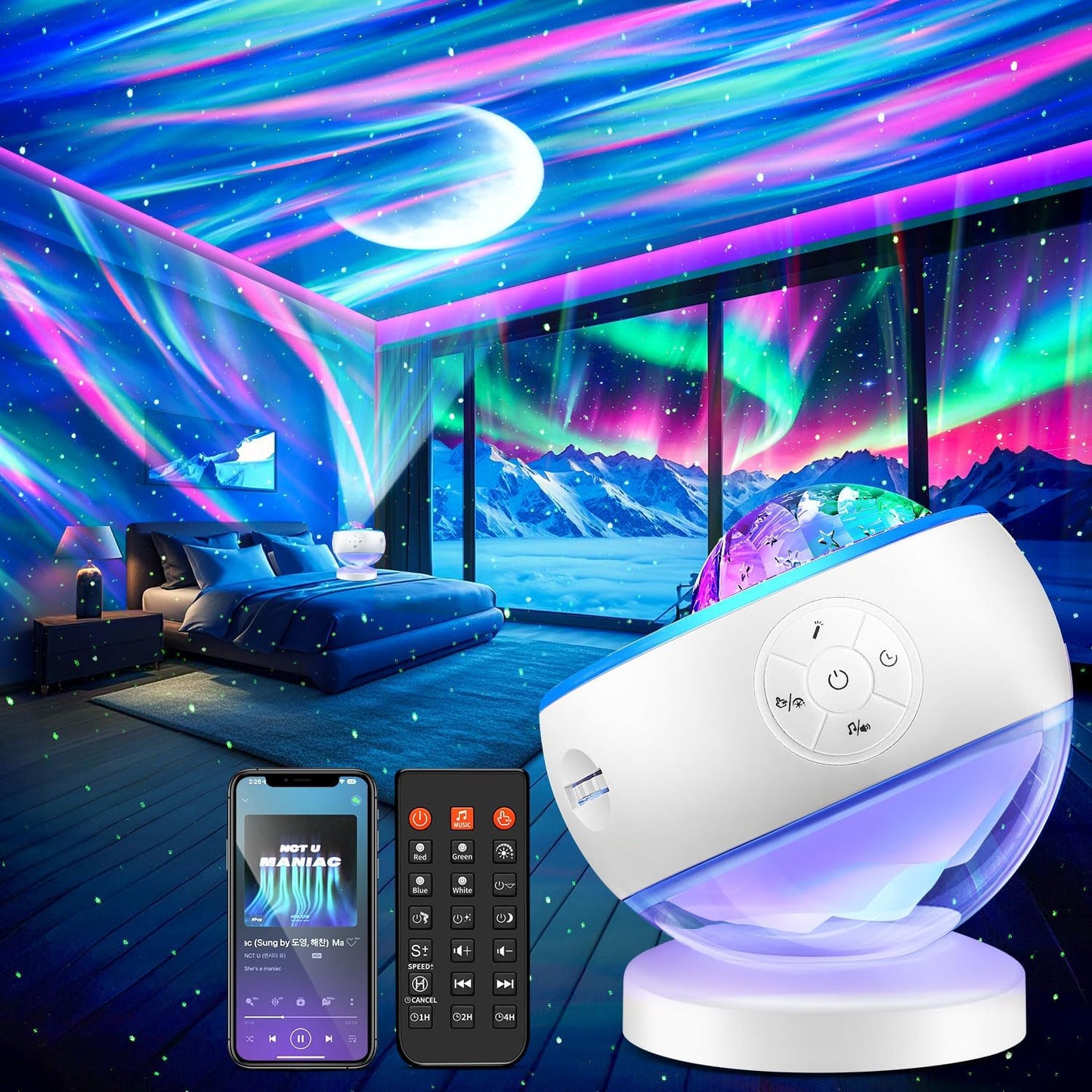 Northern Lights Projector Galaxy Projector with 300+ Light Effects, LED Star Projector for Bedroom Aurora Light, Remote Control, 15 White Noises, Bluetooth Speaker Galaxy Light Gifts for Kids Adults