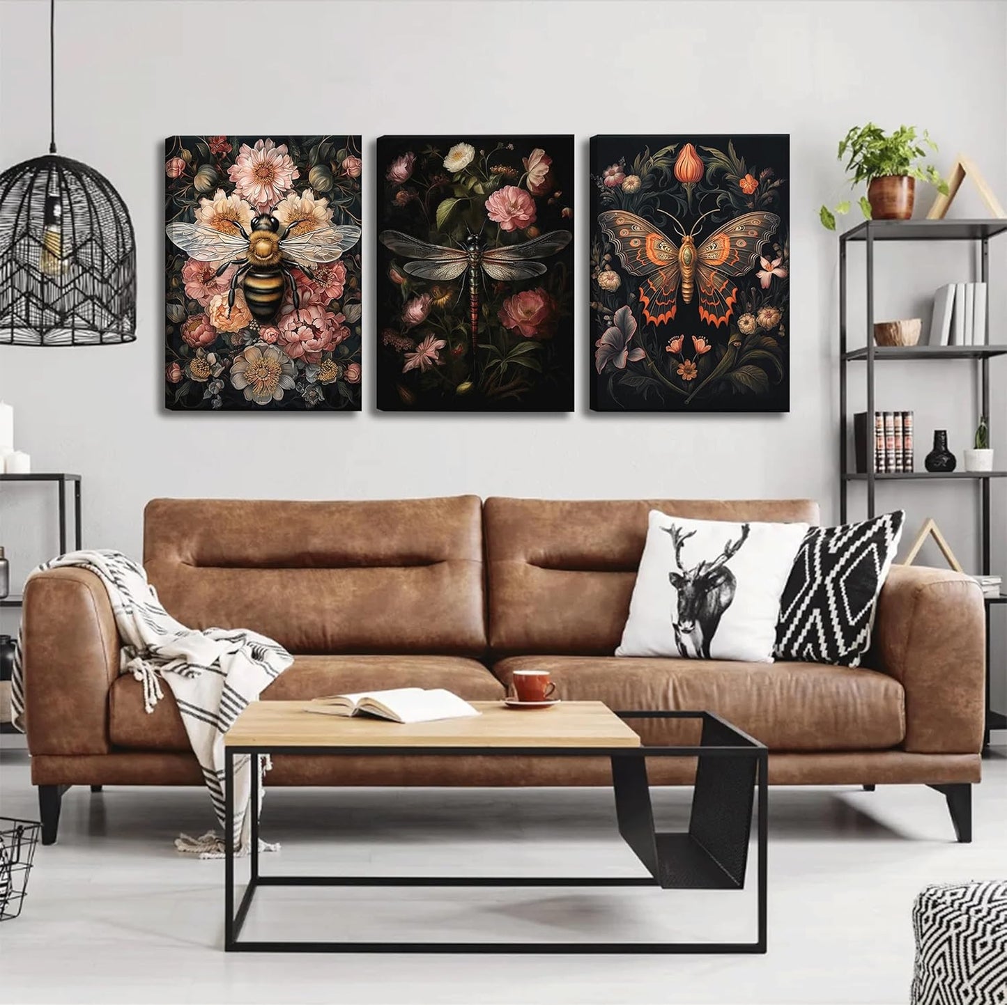 3pcs Dark Floral Canvas Wall Art Vintage Butterfly Dragonfly Bee Painting Picturts Wall Decor Gothic Dark Academia Aesthetic Posters Print Artwork for Bedroom Living Room Home Decoration 12x16in