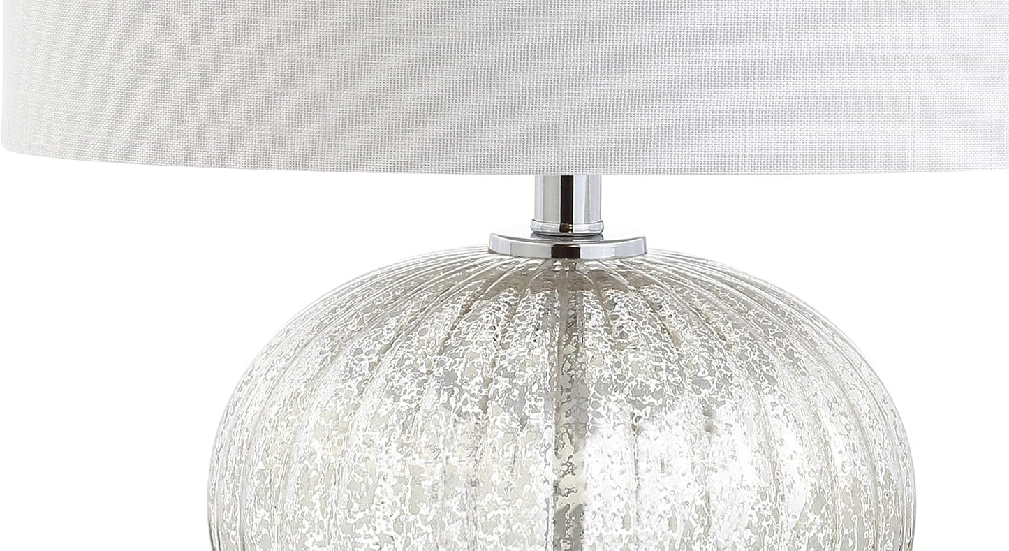 JONATHAN Y 21" Mercury Silver Ribbed Glass Table Lamp, Modern Transitional Bedside Lamp for Living Room, Bedroom, Nightstand, White Linen Shade, LED Bulb Included JYL4015A