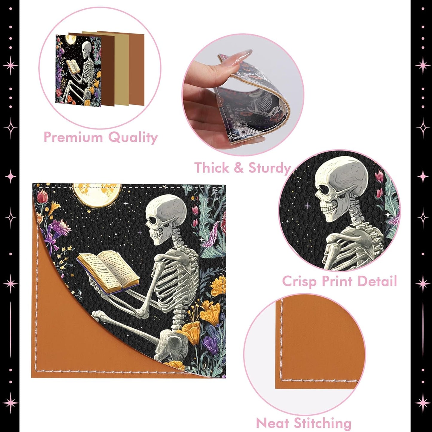 4 Pcs Gothic Skeleton Corner Bookmarks, Leather Skull Floral Book Marks for Book Lovers, Halloween Horror Book Accessories for Reading Women Men Bookworm Gifts School Office Supplies