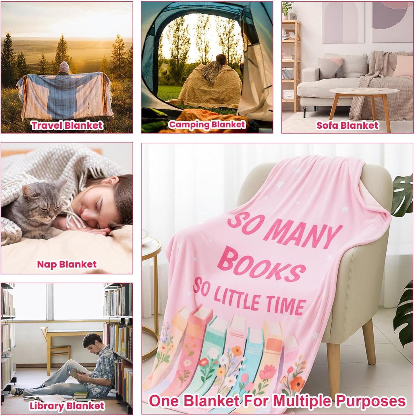 VitalCozy 4 Pack Book Throw Blankets for Teens Adult Flannel Reading Blankets Soft Fleece Blanket Birthday Gifts for Book Lovers Bookish Librarians, 40''x50''