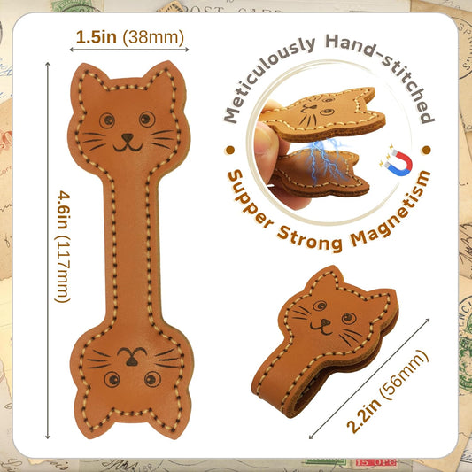 Magnetic Leather Bookmarks for Reading, Cute Cat Face Shape Magnet Bookmark Clips for Women, Men, Kids, Magnetic Book Marks, Gifts for Book Lovers Teachers Students (1 Pack, Brown)