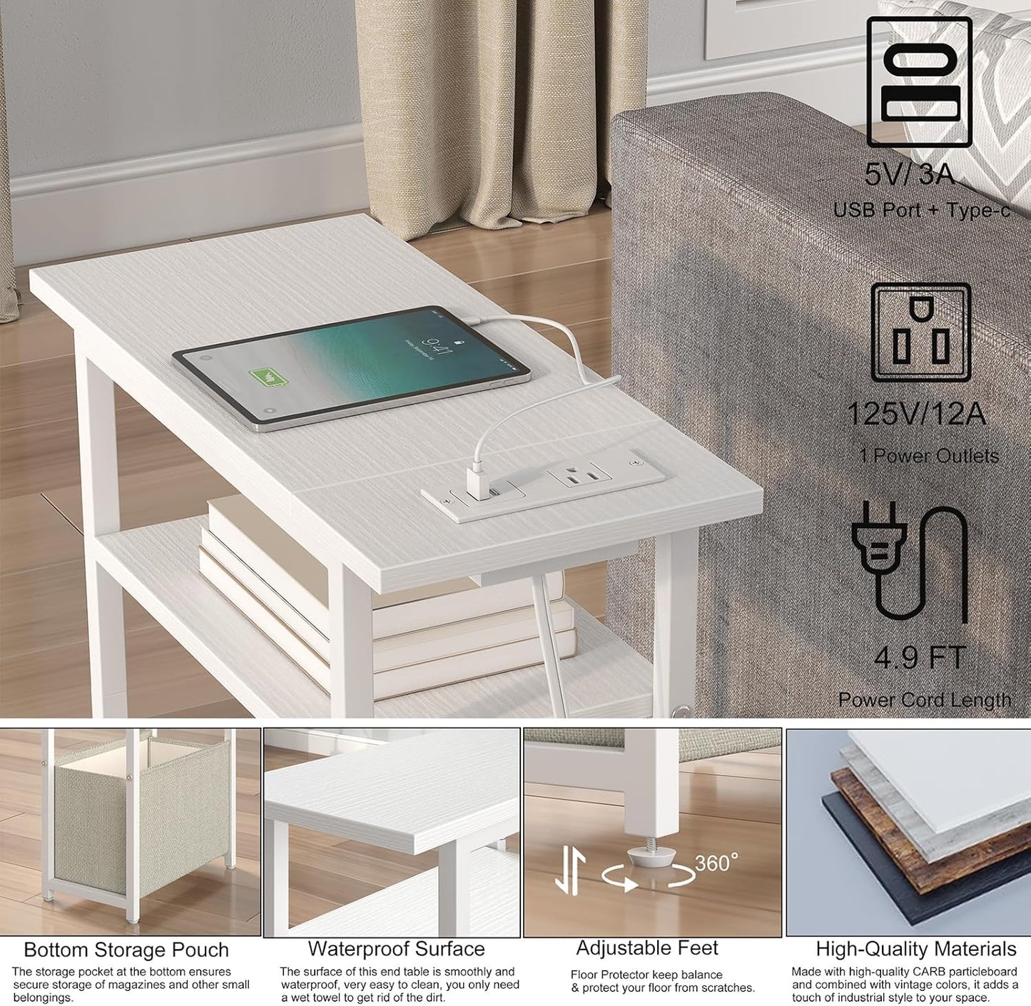 Narrow Side Table with Charging Station, Small End Table for Small Spaces, Skinny Nightstands with Storage Basket, 3 Tier Sofa Couch Bedside Tables for Living Room,Bedroom, White