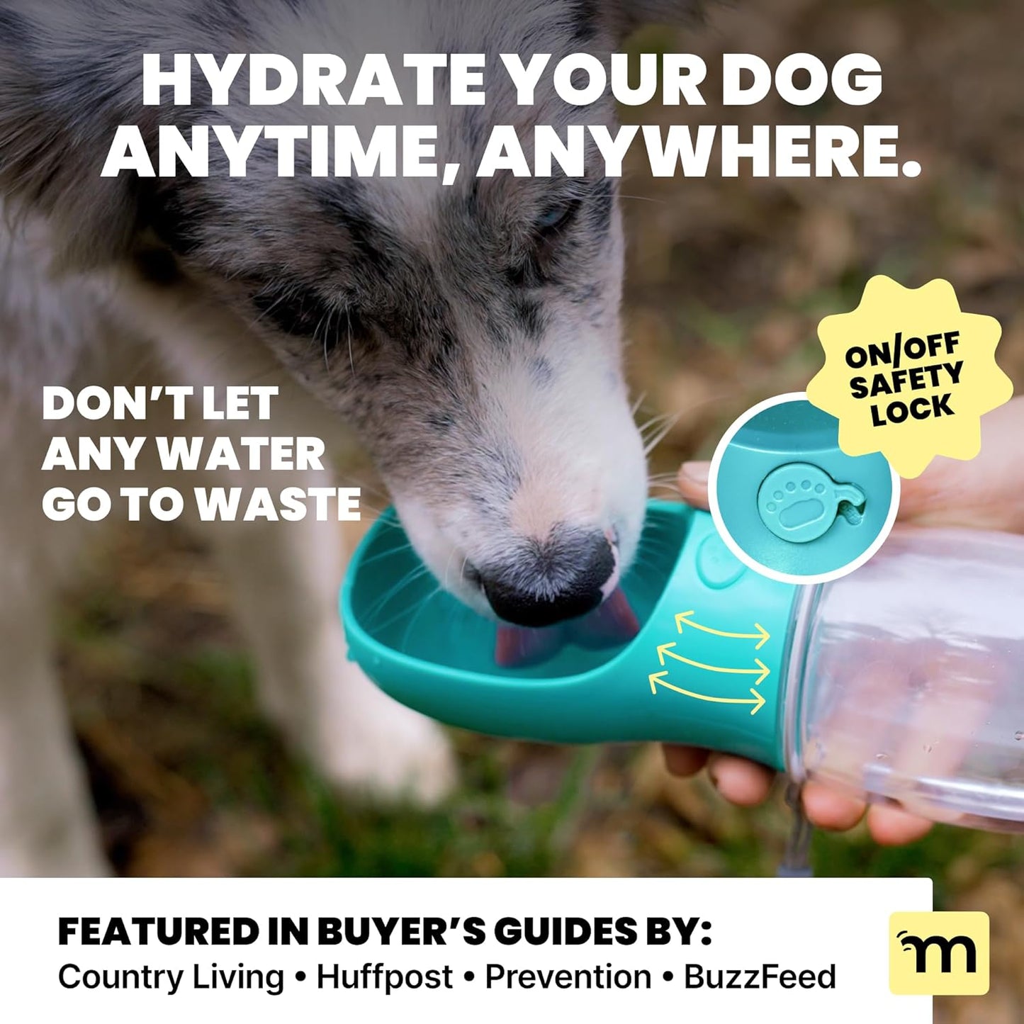 MalsiPree Dog Water Bottle Dispenser - 12 oz Blue - Leak-Proof Lock & One-Hand Operation - Dog Water Bowl Dispenser - Pet Travel Bottle with Built-in Bowl