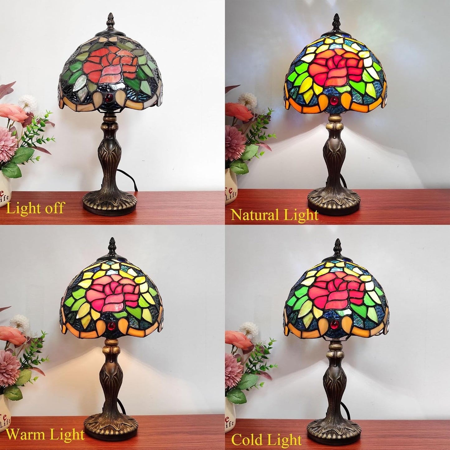 Tiffany Table Lamp Red Heart Rose Flower Stained Glass Lamp 3-Way Decorate Reading Light for Home Living Room Nightstand Bedroom Office Include Light Bulb