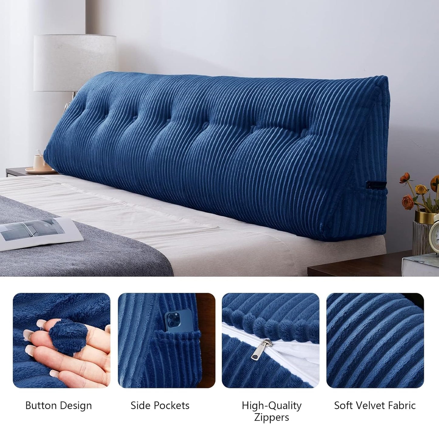SLIGUY Large Headboard Pillow, Headboard Wedge Pillow Bed Rest Reading Pillow Bolster Triangular for Sitting in Bed-Backrest Positioning Support Long Pillow for Daybed (Full: 54x8x20 Inches,Blue)