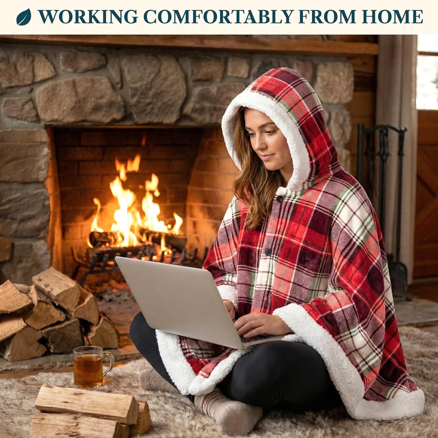 PAVILIA Sherpa Fleece Wearable Blanket for Adult Women, Cozy Plush Blanket Poncho Cape with Hood, Super Soft Shawl, Angel Wrap Throw for Office, Tartan Plaid