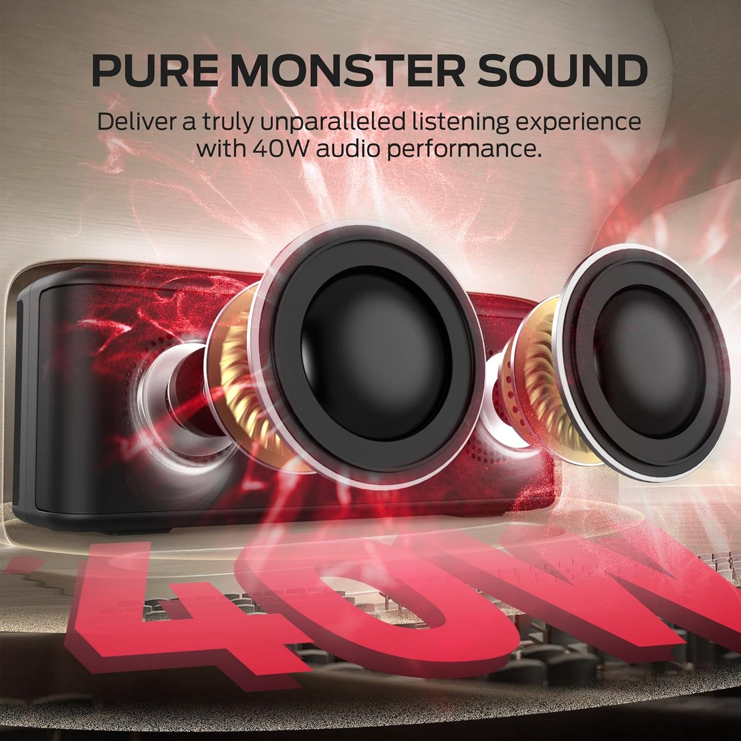 Monster Shock Plus Bluetooth Speaker,Portable Speaker with 40W Loud Stereo Sound, Bluetooth 6.0,TWS Pairing, 20H Playtime,Support AUX/TF Card,IPX6 Waterproof Wireless Speakers for Outdoor,Home,Travel