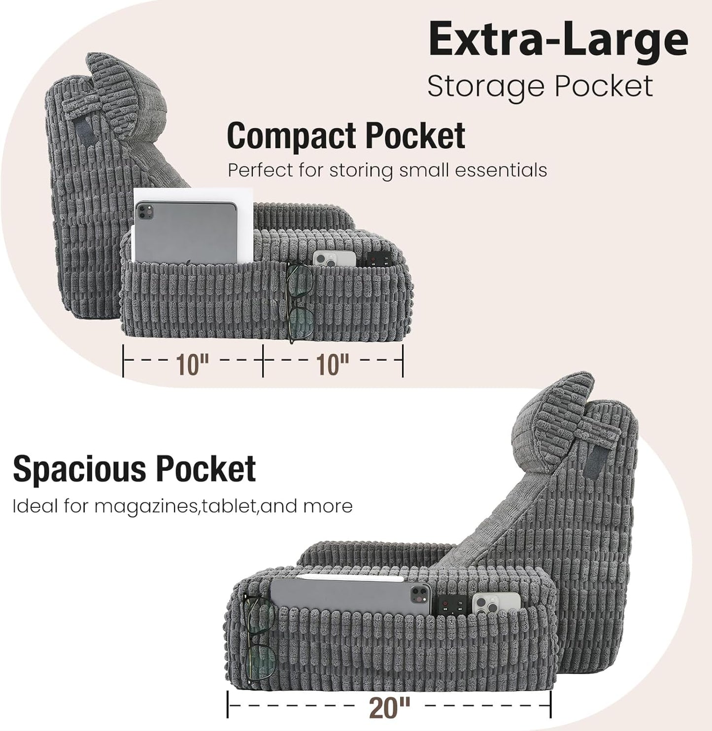 19" Reading Pillow for Bed with Built-in Arms & Large Pockets, Supportive Backrest Cushion for Reading, Resting, or Reclining, Washable Cover – Grey