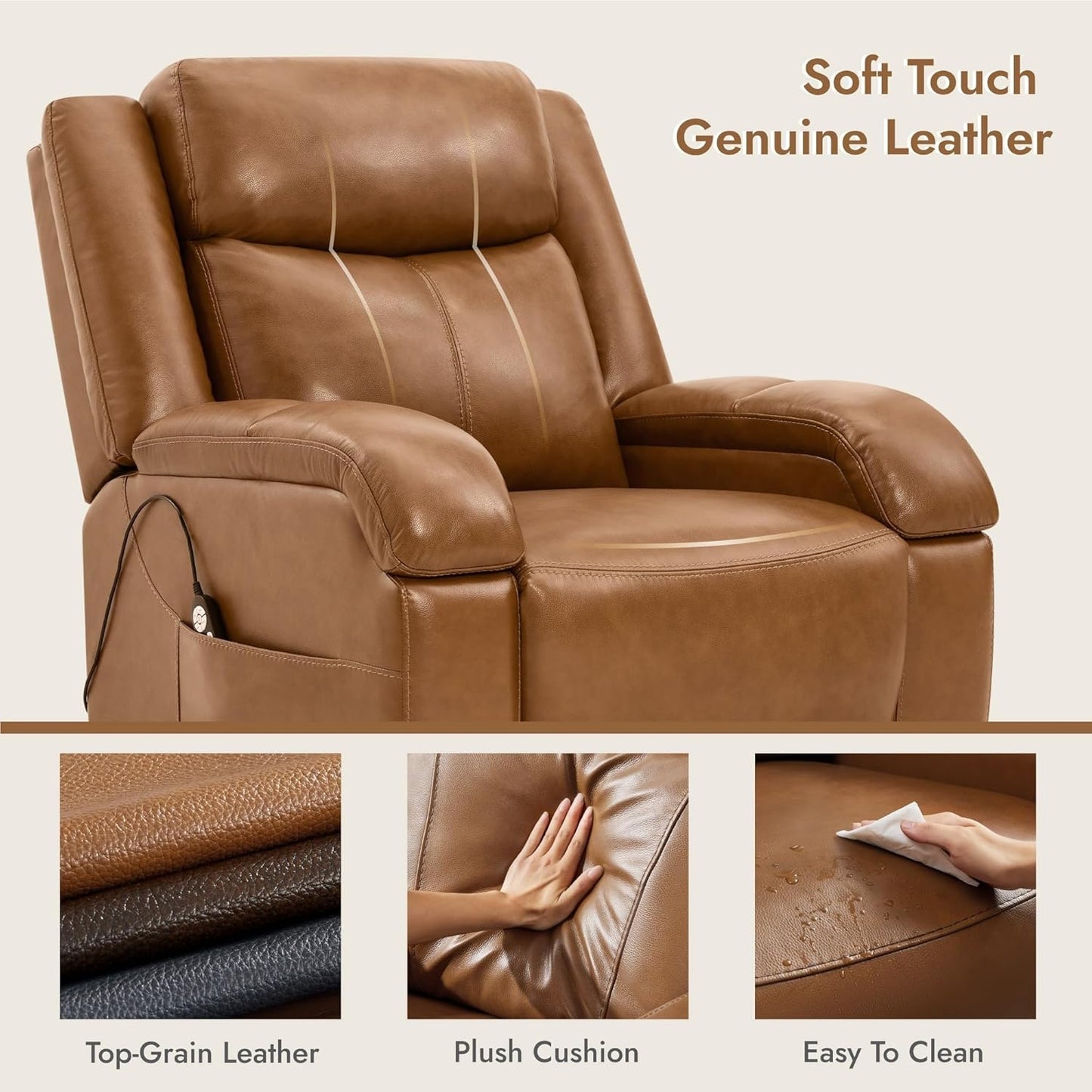 Genuine Leather Power Lift Recliner Chair with Heat and Massage Electric Lay Flat Chairs Headrest Visual Remote Control for Living Room Bedroom
