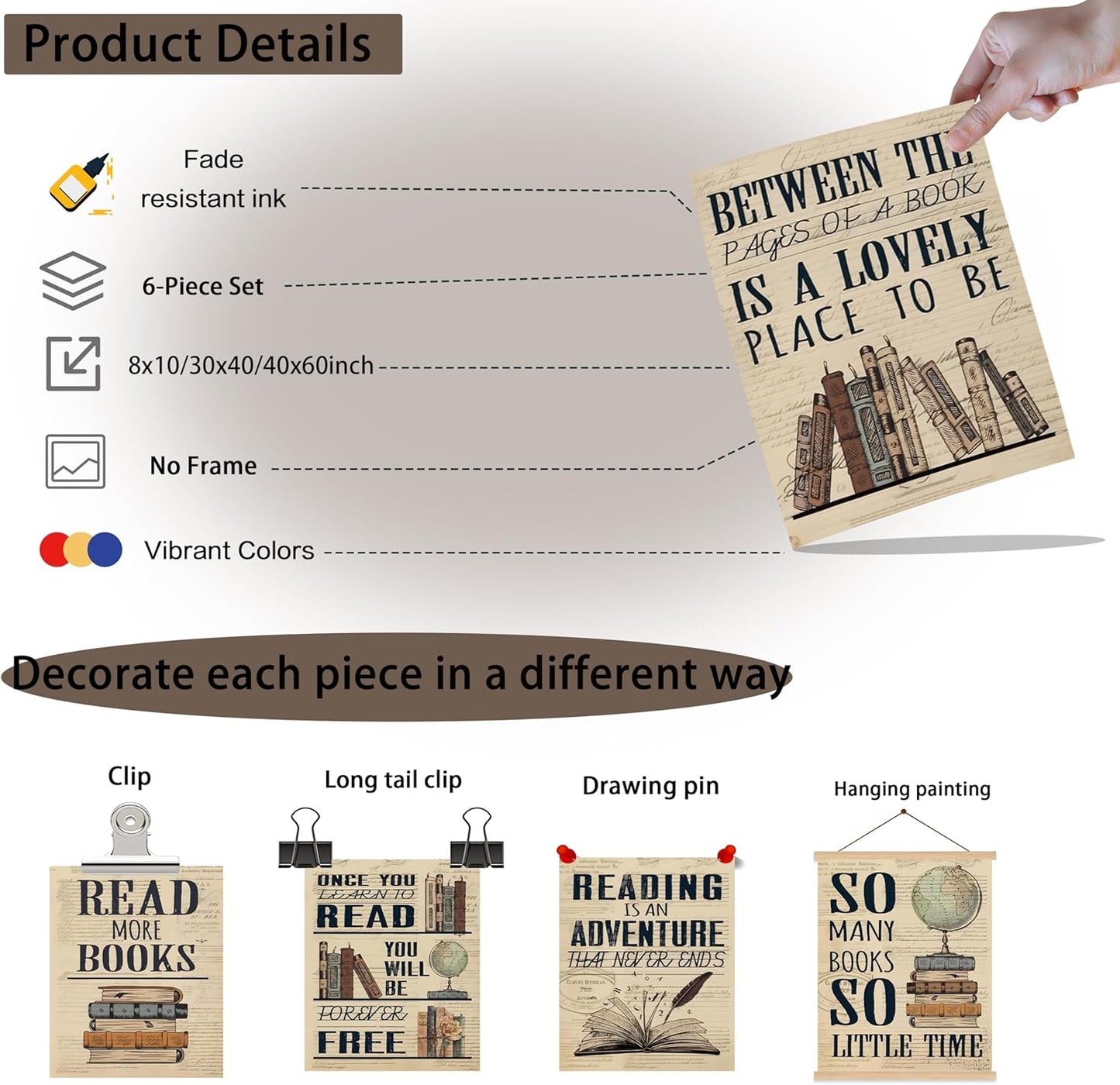 6 Piece Vintage Reading Quote Wall Art Prints, Retro Book Lover Canvas Posters with Inspirational Library Quotes, Rustic Literary Artwork for Classroom Study Office Living Room Home Decor 8x10 inch Unframed