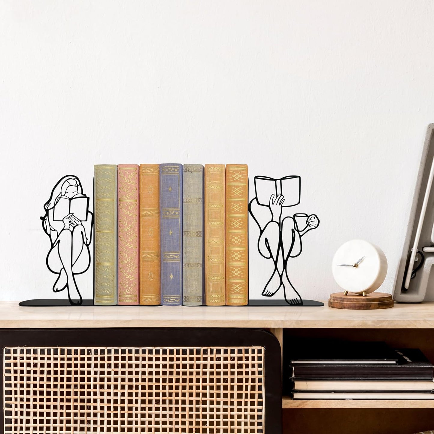 Reading Bookends Decorative for Shelves - Girl Reading Statue Bookends, Metal Black Book Ends Decor for Heavy Books, Novelty Bookish Decor for Home Library, Book Lovers Gift for Women & Students