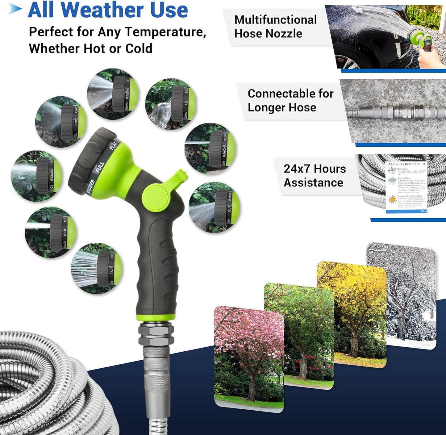 100 FT Stainless Steel Garden Hose – Long Reach 304 Steel Metal Water Hose, No-Kink, Leak-Proof Swivel Fittings, Puncture Resistant, 8-Pattern Nozzle for Large Yards, Driveways, Farm Tasks