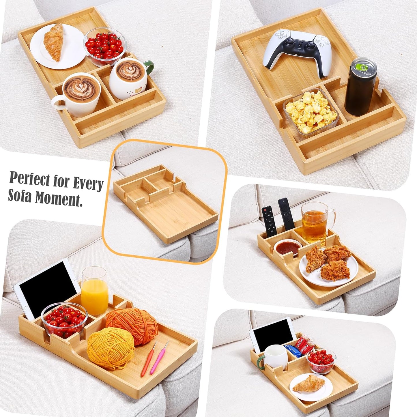 Nnewvante Couch Tray, 2-in-1 Insert & Flat Sofa Organizer Bamboo with 2 Cup Holders,Fits Seat Gaps or Ottomans,for Snacks, Drinks, Remotes,15.35x9.84-inch