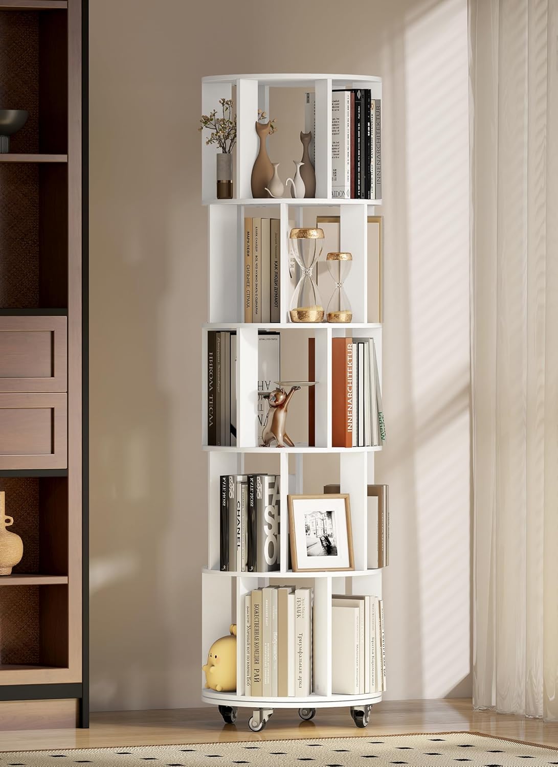 5 Tier 360° Rotating Bookshelf, Adjustable Small Space Bookcase on Wheels, Revolving Round Wood Bookshelves, Tall Narrow Storage Book Shelf Tower for Bedroom Office Kids Room (White)