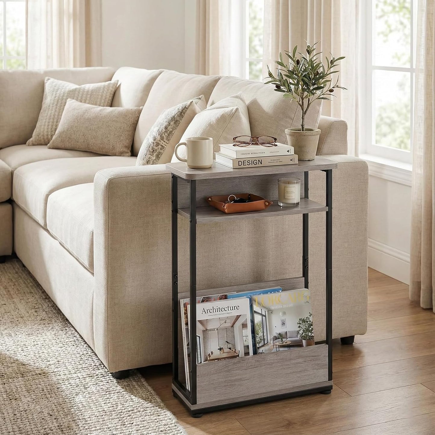 Narrow Side Table,3-Tier Slim End Table with Storage Shelf,Modern Sofa Table Thin Side Table for Narrow and Small Spaces, Skinny Bedside Table Small Nightstand with Magazine Rack Space Saving/Oak