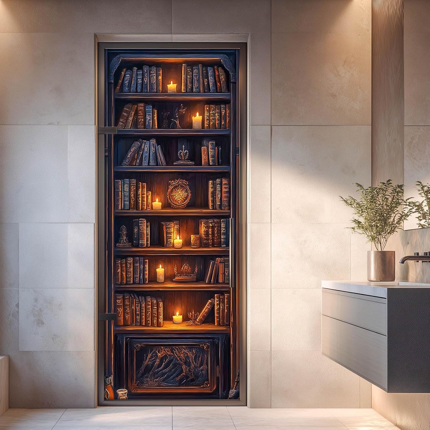 Dark Wood Bookshelf Door Sticker Vintage Library Bookcase Mural Self Adhesive PVC Removable Door Decal for Home Office Bedroom Decoration 30.3 x 78.7 in