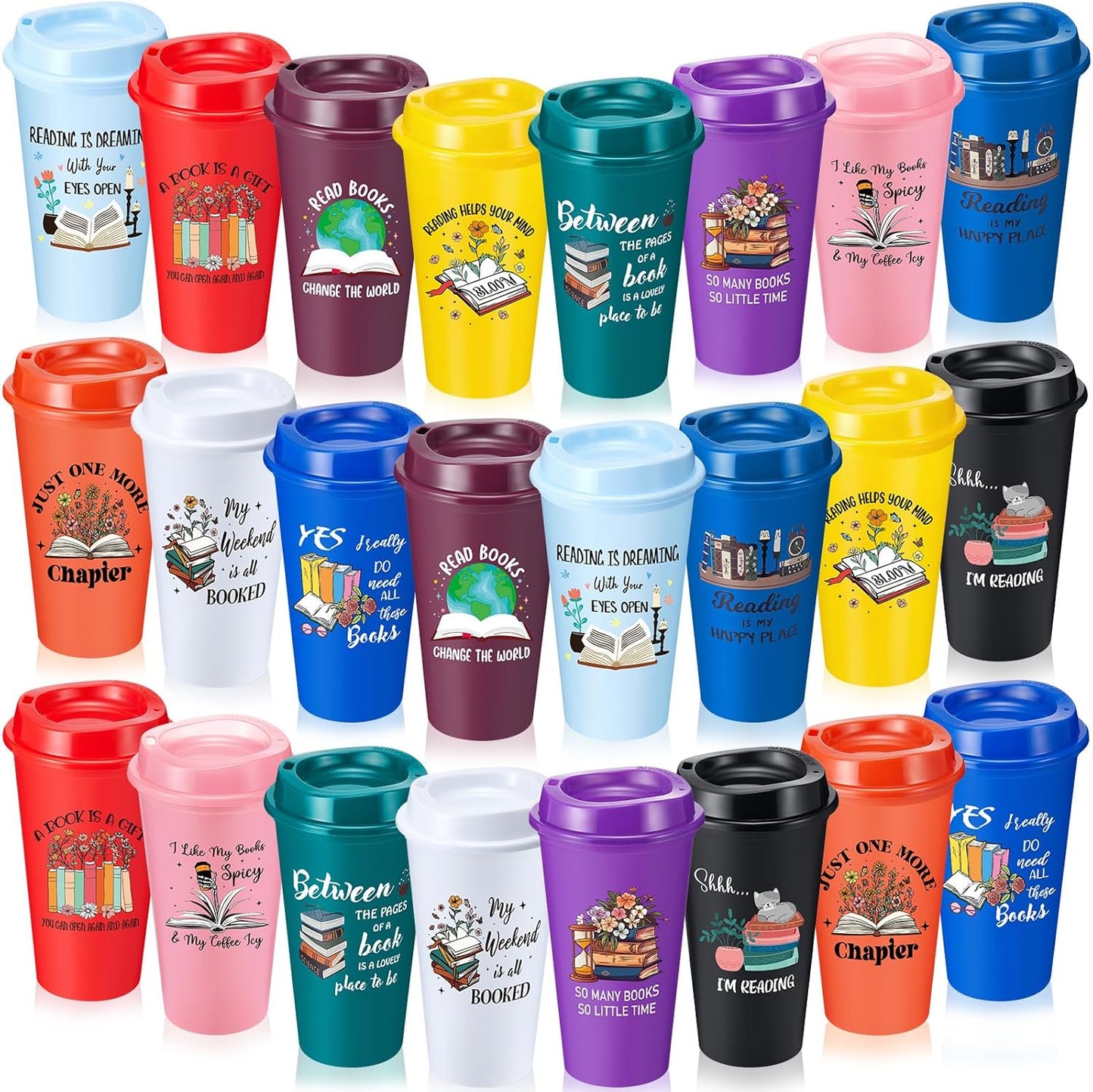 24 Pcs Book Lovers Gifts Bulk, 16oz Library Reading Theme Coffee Cups with Lids, Book Club Appreciation Gifts for Bookish Teacher Students Employee (Multicolored)
