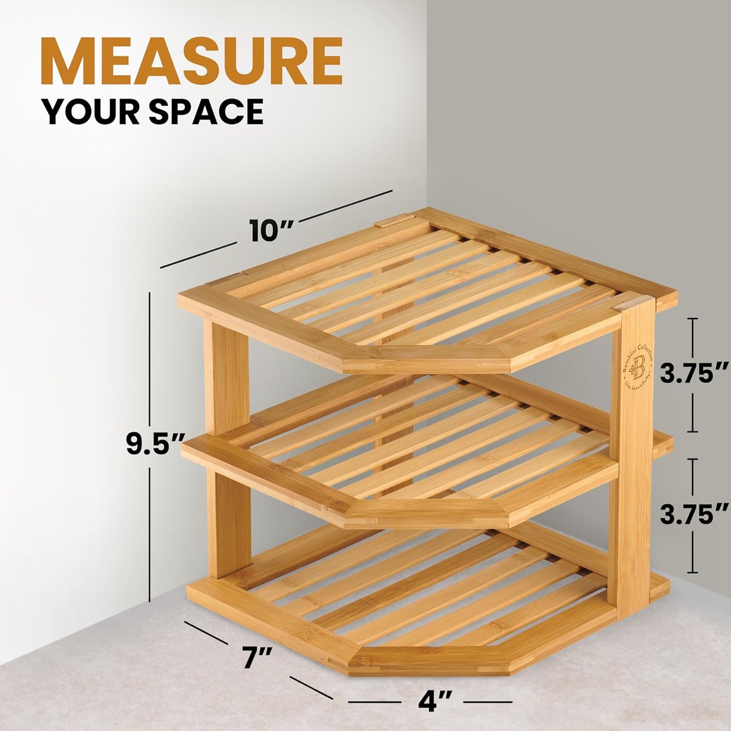 Plate Organizer for Cabinet - 3 Tier Bamboo Corner Shelf Cabinet Organizer for Plates, Bowls, Mugs and Pantry Storage, Space Saving Countertop and Cabinet Corner Shelf, 10 x 10 x 9.5 Inch, Bambusi | Kitchen Counter, Cabinet Space Saver, Plates, Dishes, Bo