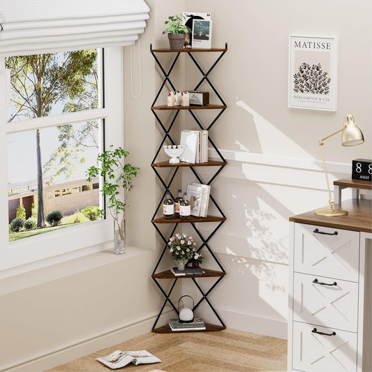 6 Tier Wall Mounted Corner Shelf Stand, Industrial Corner Bookshelf with X Metal Frame, Tall Standing Shelf Organizer, Bookcase, Plant Stand for Living Room, Bedroom Rustic Brown CS-006RB