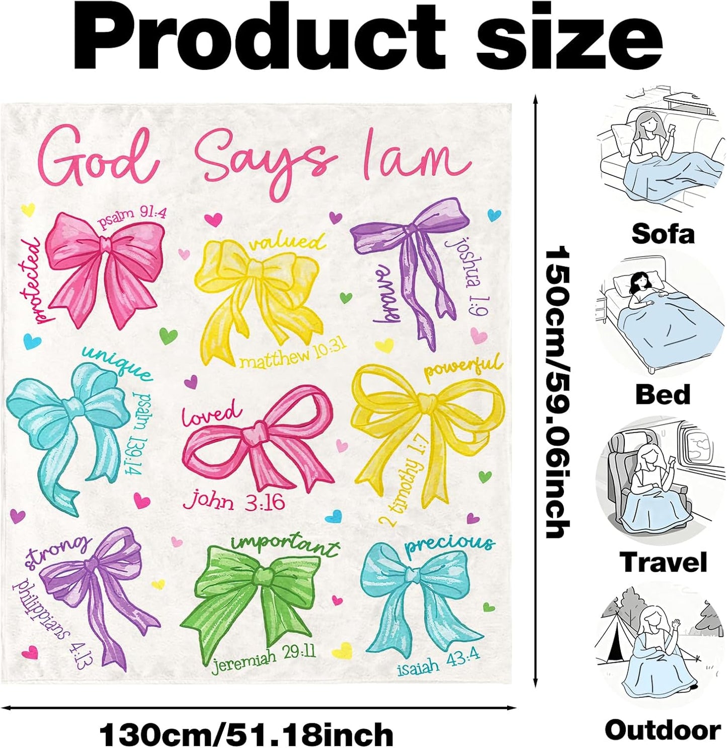 Bow Christian Throw Blanket, Bow Coquettte Bible Verse Flannel Blanket, God Says I Am Inspirational Religious Gifts for Women Girls Daughter Jesus Prayer Home Decor Gift 50 x 60 Inch