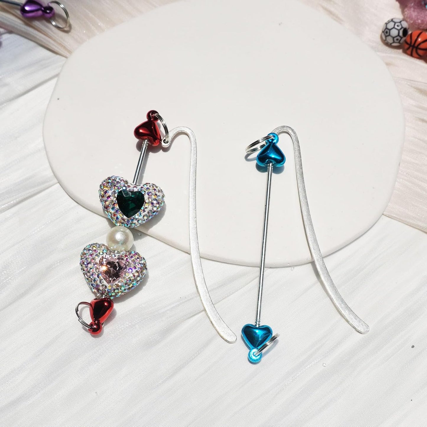 15 Pack Beadable Bookmarks with Blank Bar Bulk Love Heart Metal DIY Bookmark for Beads Jewelry Pendants Charms Beading Book Make Marks Craft Colorful