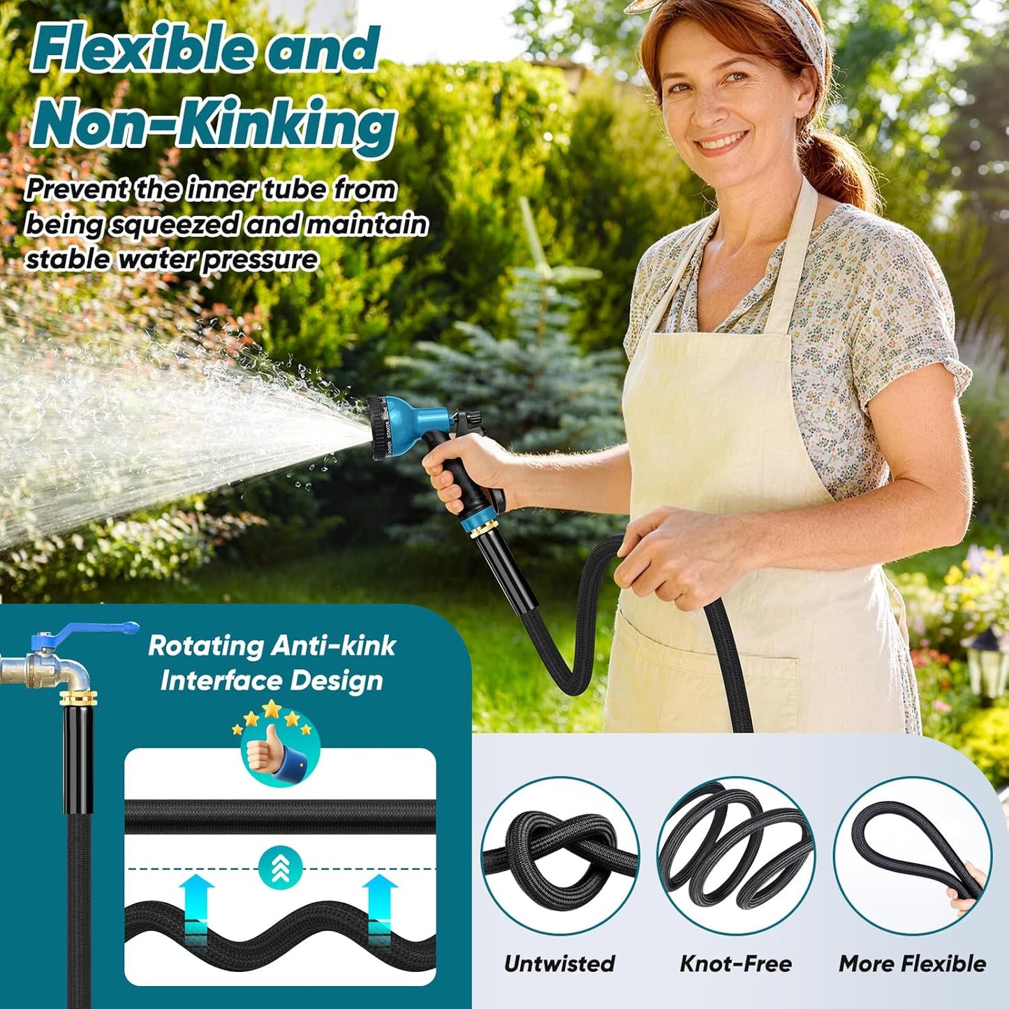 Garden Hose 100FT Non-Expanding, Lightweight Hose With 10-Function Nozzle, Leak-Proof, No-Knot, Easy to Carry, Wear-Resistant, Sturdy 3/4GHT Flexible Water Hose for Yard Garden Outdoor