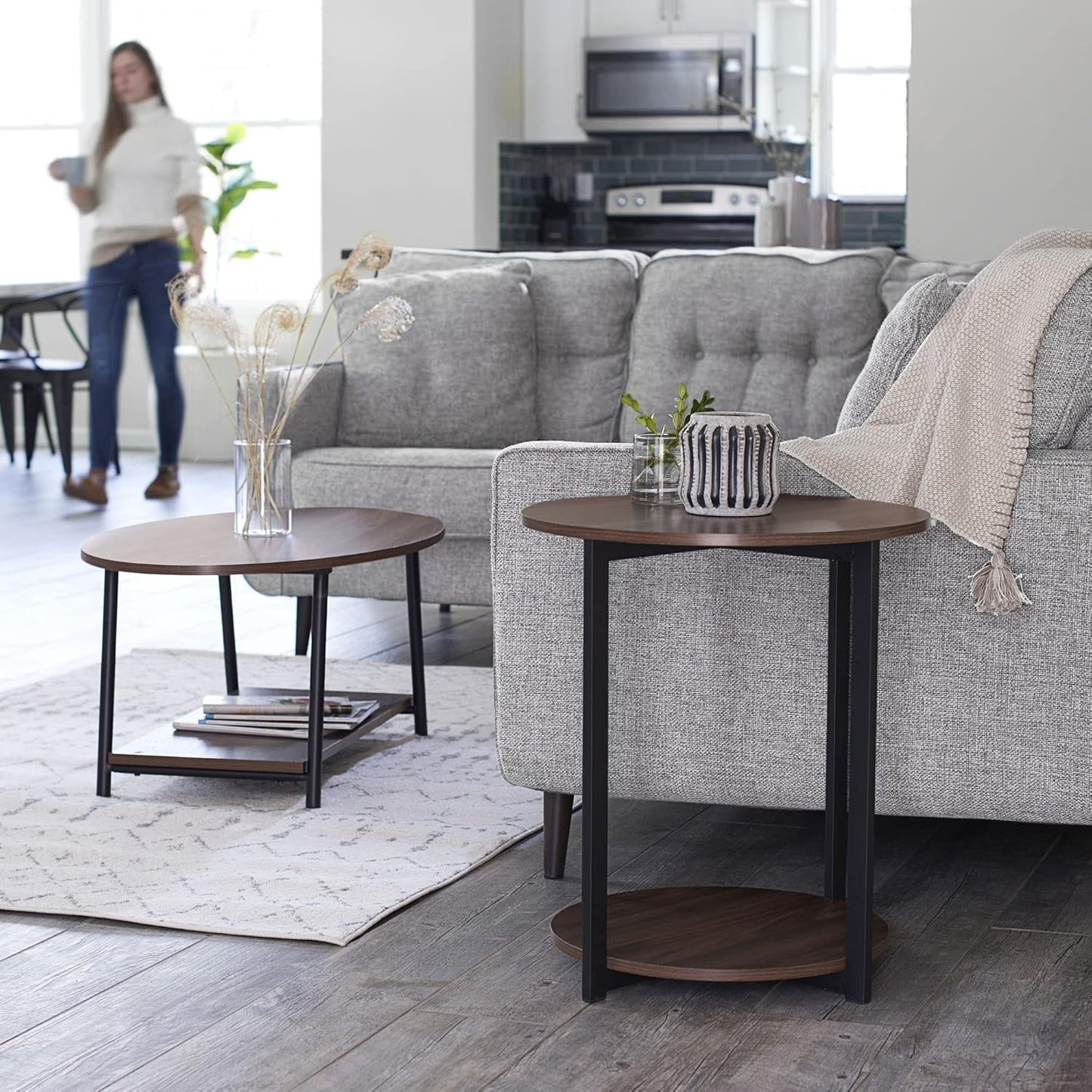 Household Essentials Jamestown Round Side End Table with Storage Shelf Mid Century Walnut Wood Grain and Black Metal