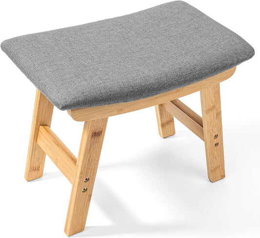 BAMBOO LAND- Bamboo Foot Stools Ottoman, Gray Cushion & Natural Wood Legs, Small Ottoman Foot Rest for Couch
