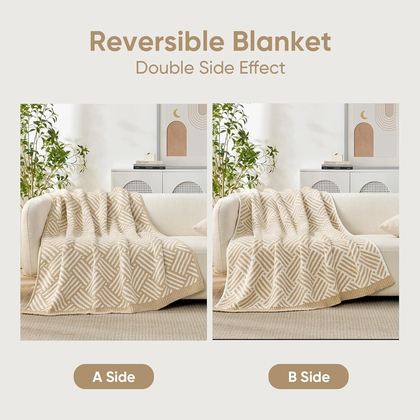 Snuggle Sac Ultra Soft Boho Throw Blanket for Couch Sofa Bed 50x60 inches, Reversible Beige Striped Blanket Microfiber Fluffy Fuzzy Cozy Knit Soft Throws Birthday Gifts for Women