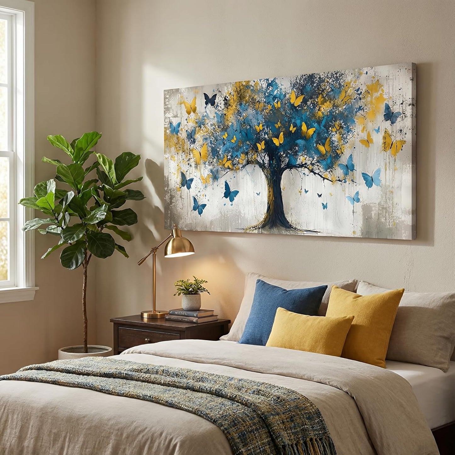 Tree Of Life Canvas Wall Art Vibrant Flower Tree Wall Decor Picture Modern Panoramic Butterfly Poster Print Artwork for Living Room Bedroom Bathroom Office Home Paintings Decoration Prepare To Hang